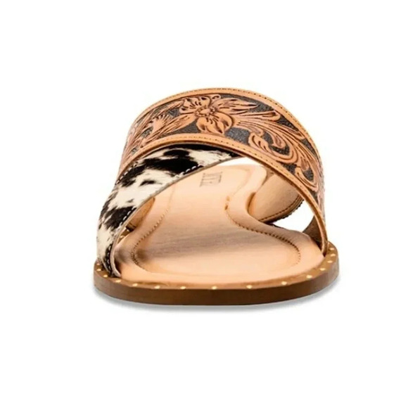 New! Myra Bag Western Hand-Tooled Leather Cowhide Hair-On Sandals - Picture 9 of 11